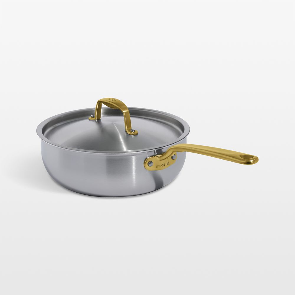 Made In Stainless Clad 3-Qt. Saucier with Antique Brass Hardware