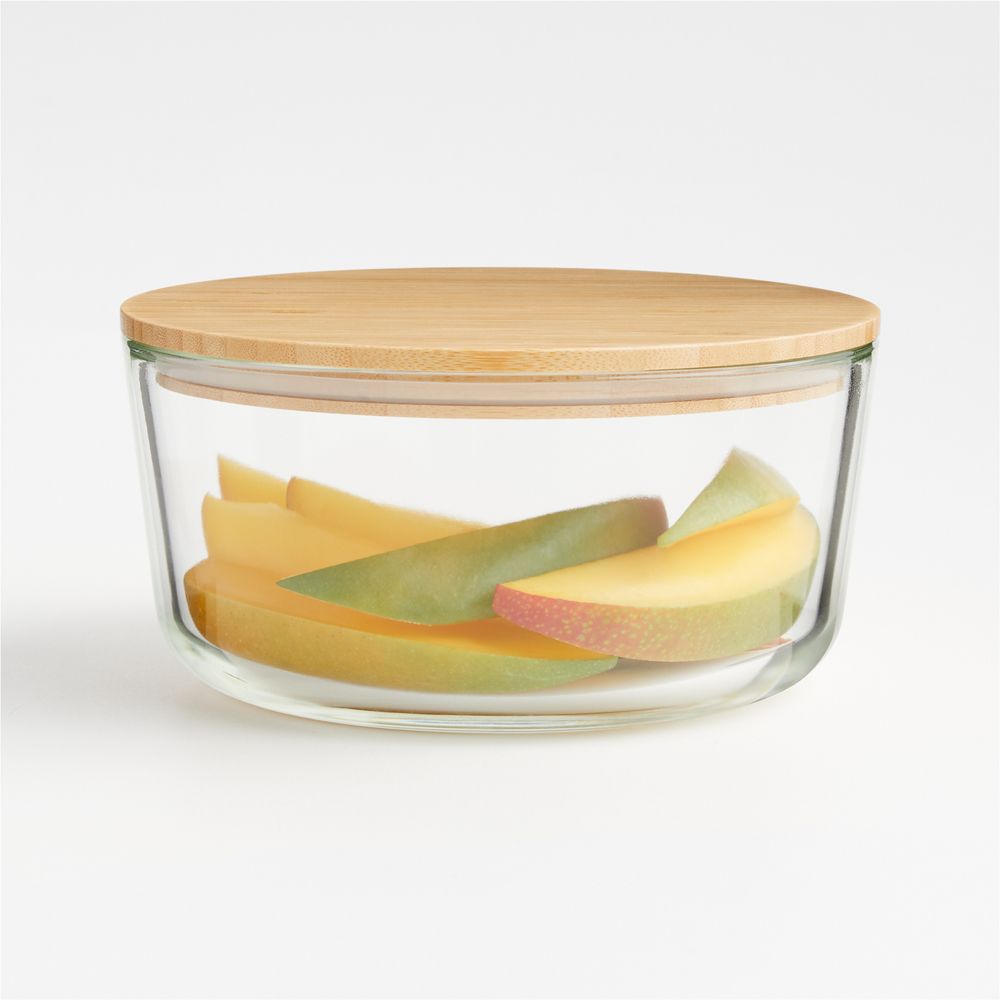Crate & Barrel Round Glass Storage Container with Bamboo Lid, 7-cup
