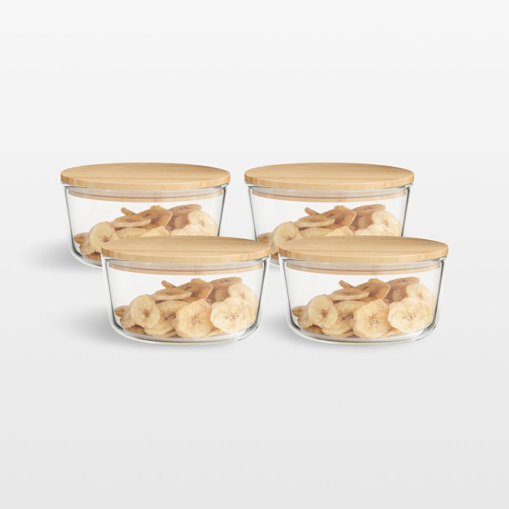 Crate & Barrel Round Glass Storage Container with Bamboo Lid, 4-cup, Set of 4