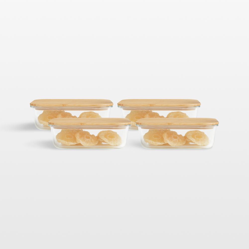 Crate & Barrel Rectangular Glass Storage Container with Bamboo Lid, 7-cup, Set of 4