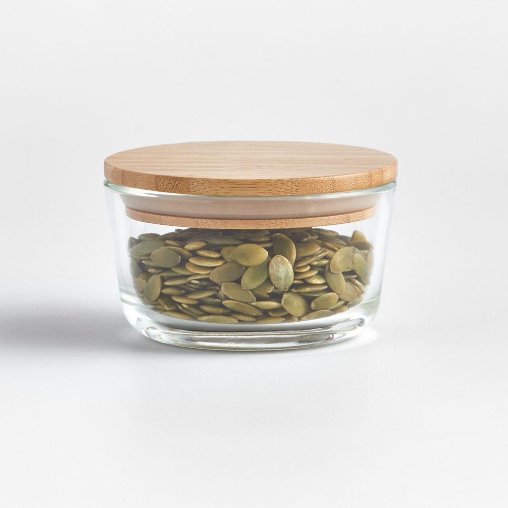 Crate & Barrel Round Glass Storage Container with Bamboo Lid, 1-cup