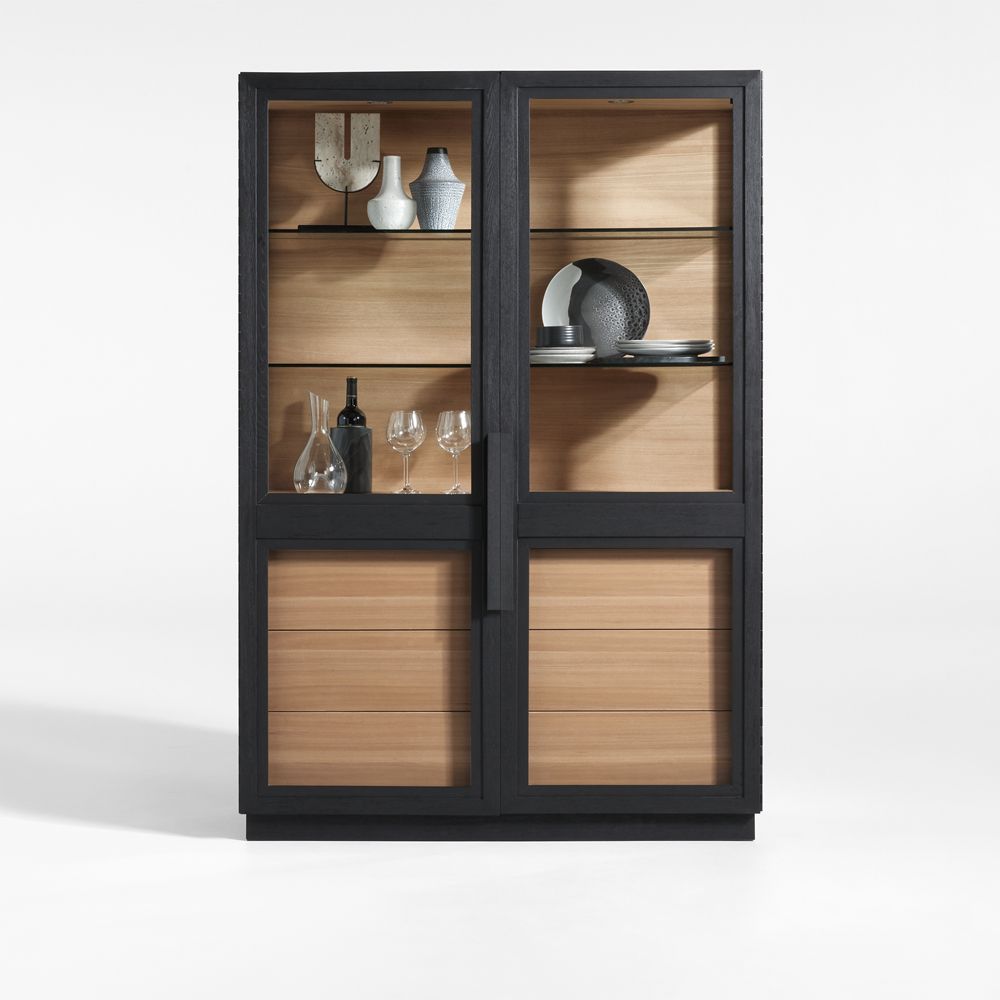 Calypso 54" Two-Toned Black Elm Wood and Glass Lighted Storage Cabinet