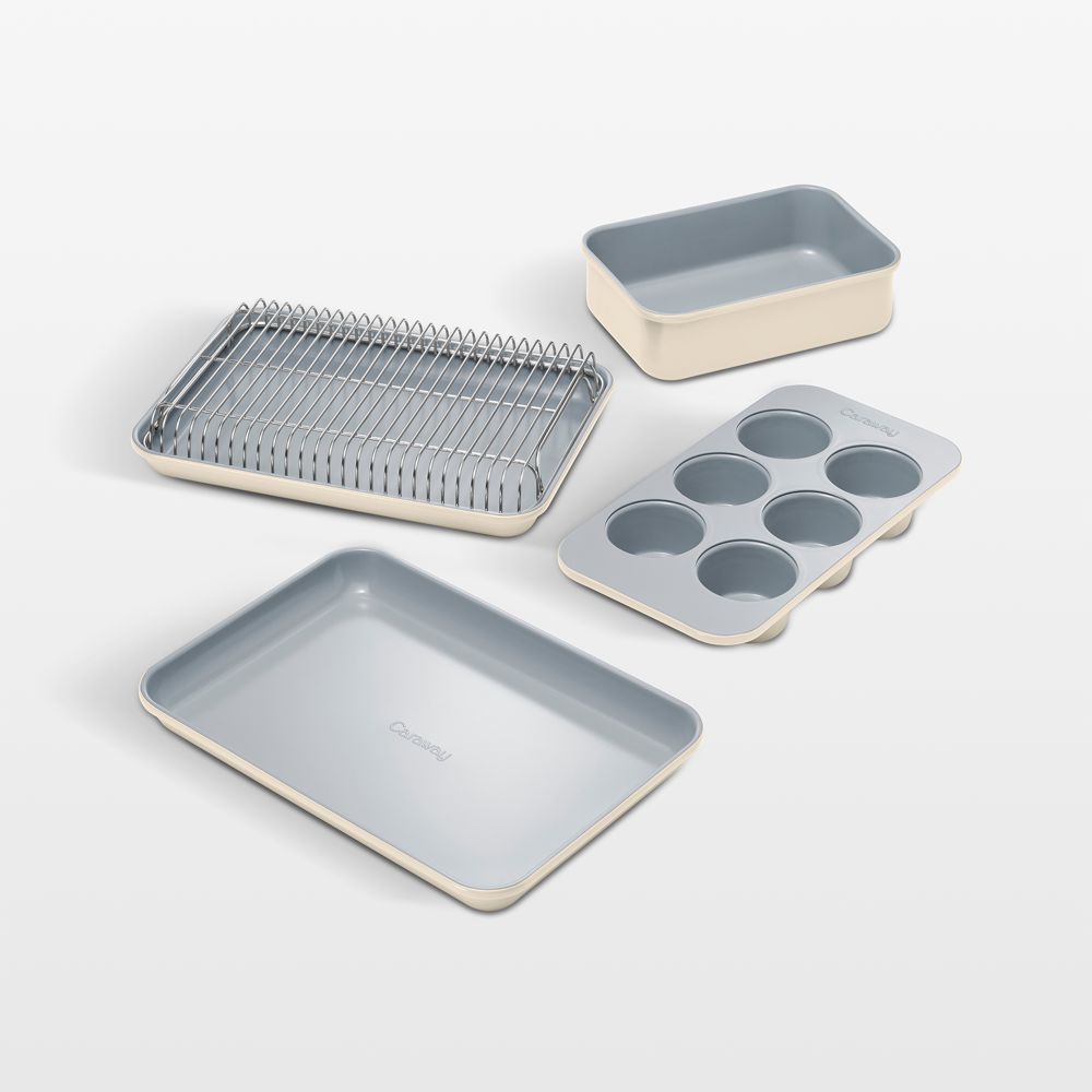 Caraway Cream Ceramic Nonstick 5-Piece Mini Bakeware Set with Storage Tray