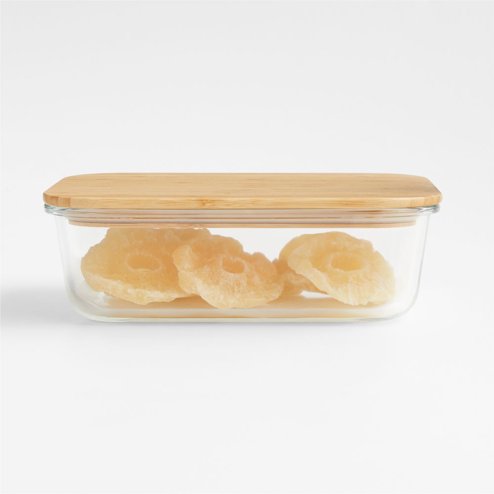 Crate & Barrel Rectangular Glass Storage Container with Bamboo Lid, 7-cup