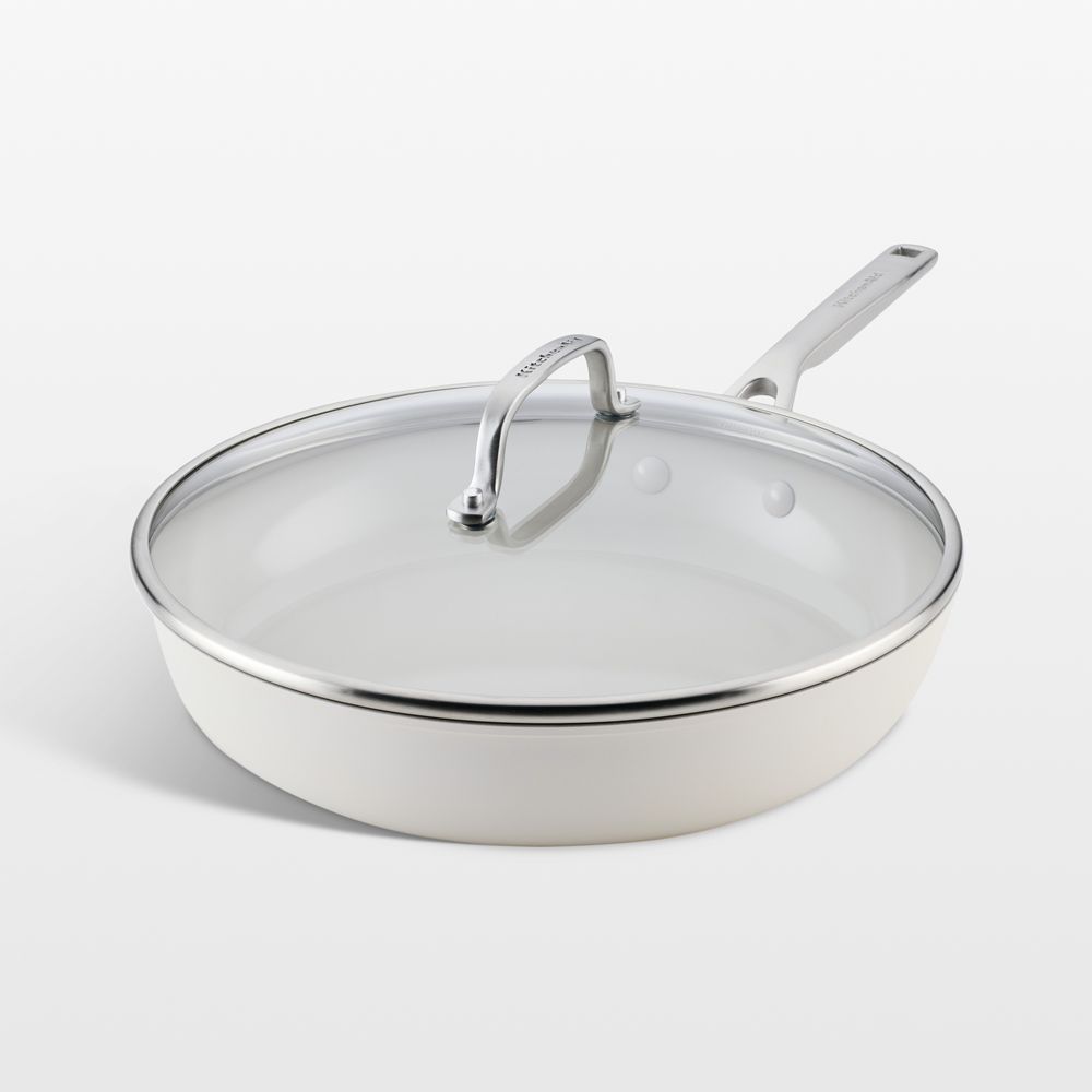 KitchenAid Porcelain White Hard-Anodized Ceramic Nonstick Induction 12.25" Fry Pan with Lid