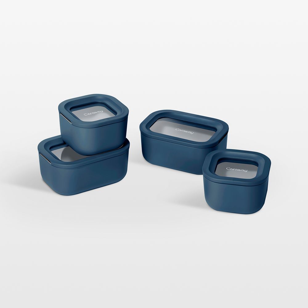 Caraway Navy Mini 9-Piece Ceramic-Coated Glass Food Storage Container Set with Glass-Silicone Lids