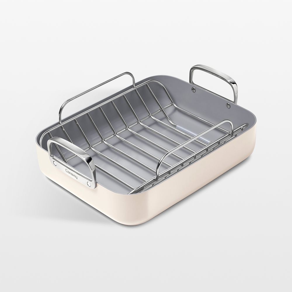 Caraway 16.5" Cream Ceramic Nonstick Roasting Pan with Rack