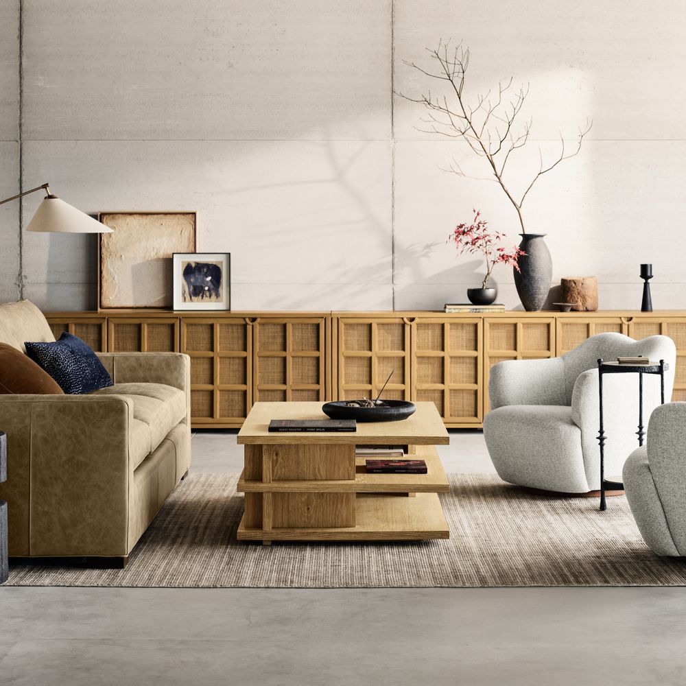 Alternative view of Campagna Rattan and Natural Oak Wood Storage Media Console (76"-94")