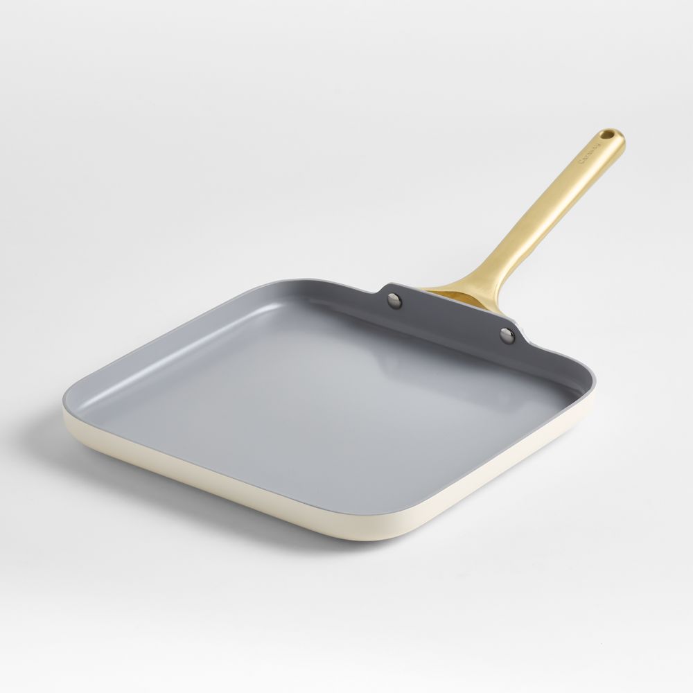 Caraway Cream Ceramic Nonstick Square Griddle Pan with Gold Hardware