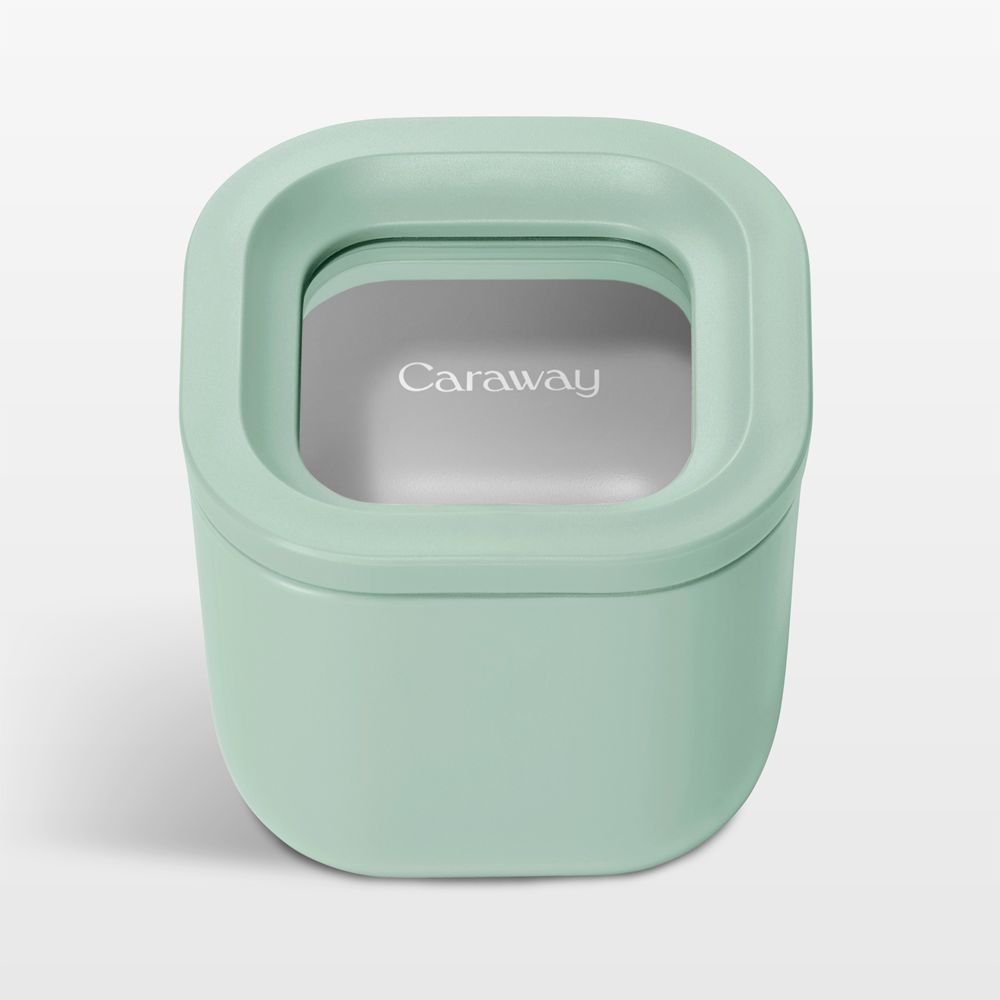 Caraway Mist Mini Square Ceramic-Coated Glass Food Storage Container with Glass-Silicone Lid