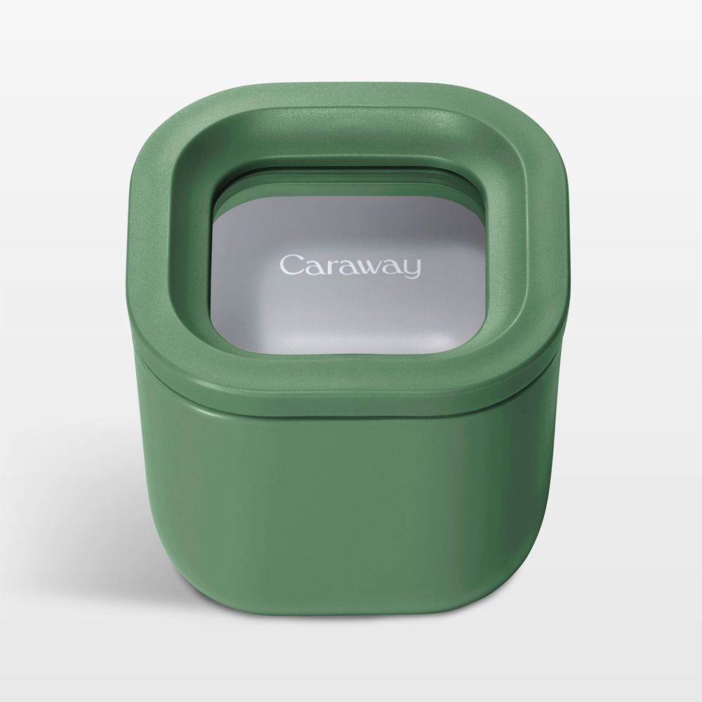 Caraway Sage Mini Square Ceramic-Coated Glass Food Storage Container with Glass-Silicone Lid