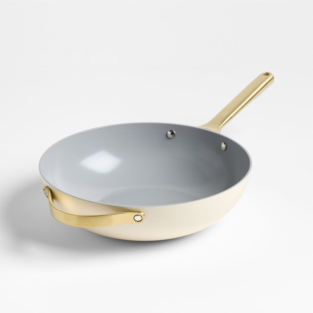 Caraway Cookware Plus Cream Ceramic Nonstick 12" Stir Fry Pan with Gold Hardware