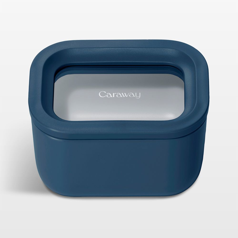 Caraway Navy Mini Rectangular Ceramic-Coated Glass Food Storage Container with Glass-Silicone Lid
