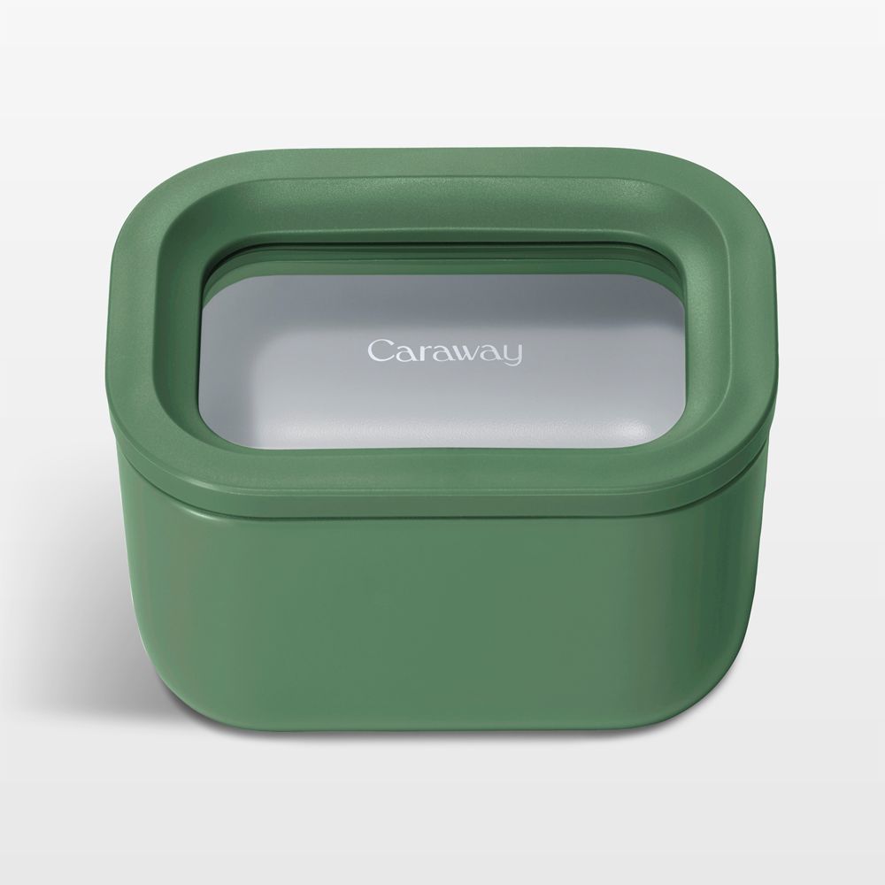 Caraway Sage Mini Rectangular Ceramic-Coated Glass Food Storage Container with Glass-Silicone Lid