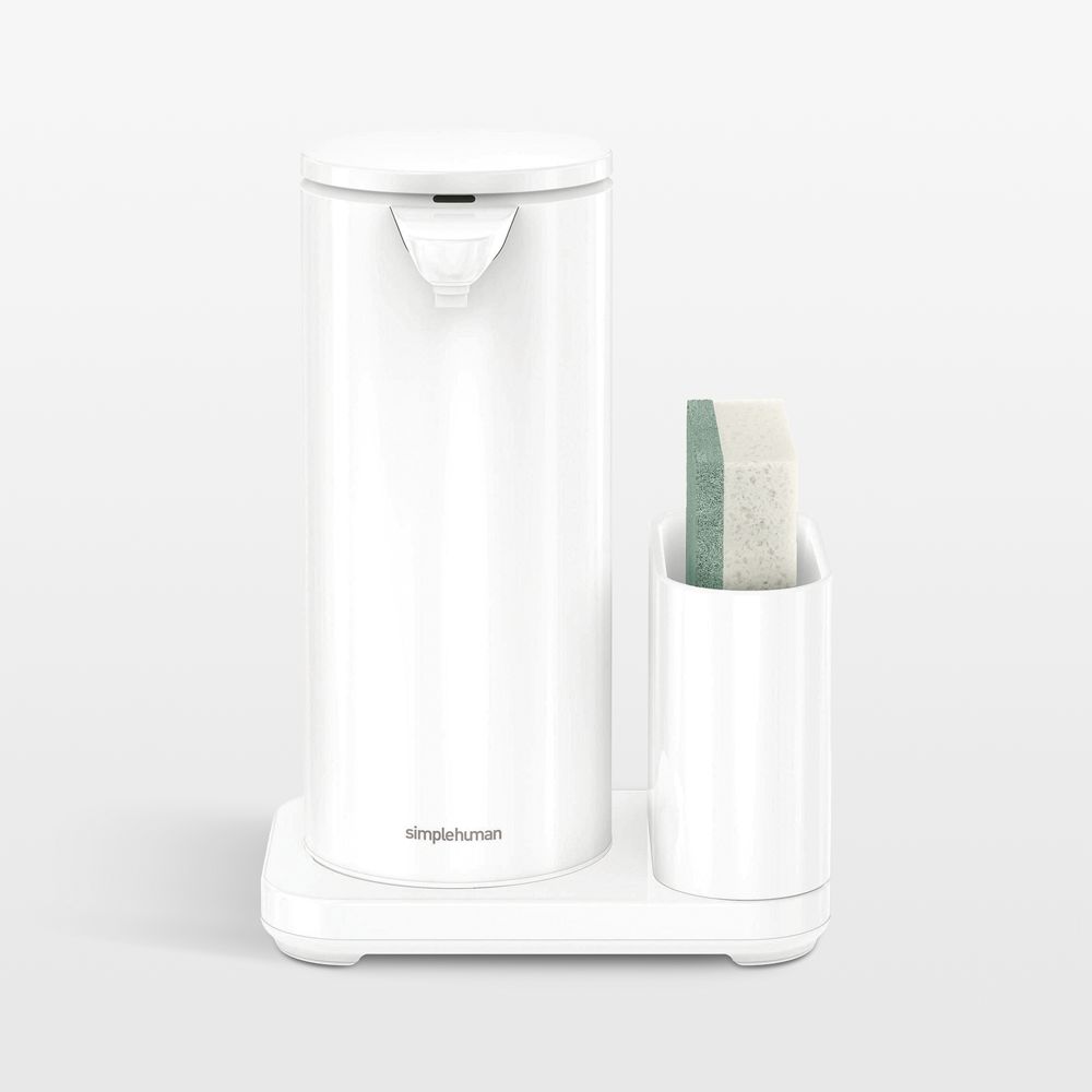 Simplehuman 14oz Sensor Pump, Touch-free Hand Soap Dispenser with Sponge Caddy, White Steel