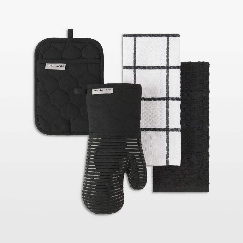 KitchenAid Onyx Black Quilted Cotton Terry Cloth Oven Mitt, Pot Holder and Kitchen Towel 4-Piece Set