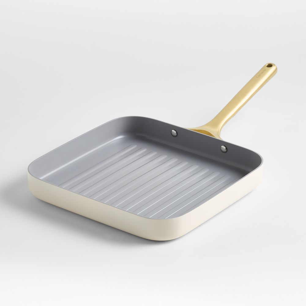 Caraway Cream Ceramic Nonstick Square Grill Pan with Gold Hardware