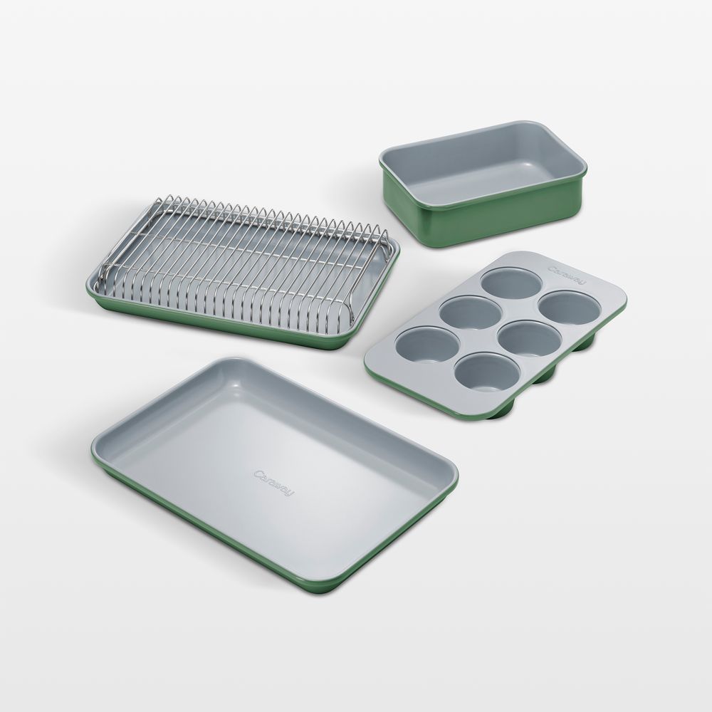 Caraway Sage Ceramic Nonstick 5-Piece Mini Bakeware Set with Storage Tray