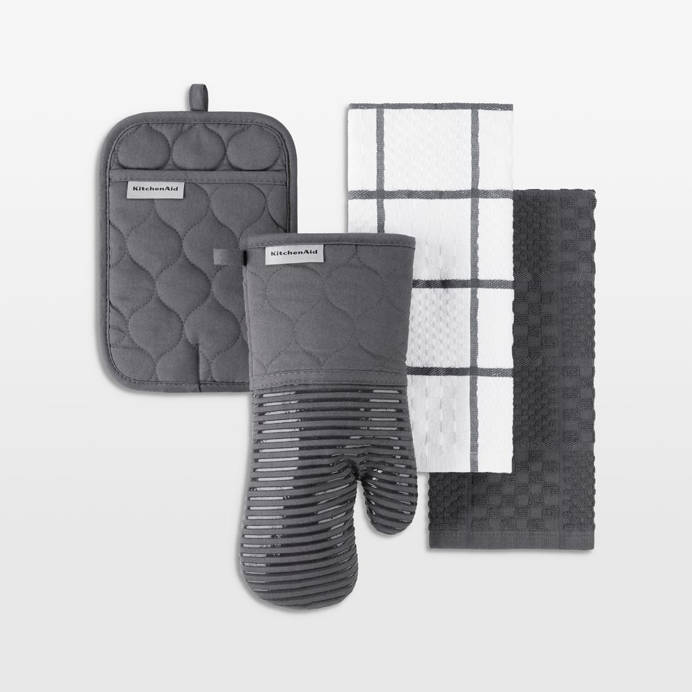 KitchenAid Charcoal Quilted Cotton Terry Cloth Oven Mitt, Pot Holder and Kitchen Towel 4-Piece Set
