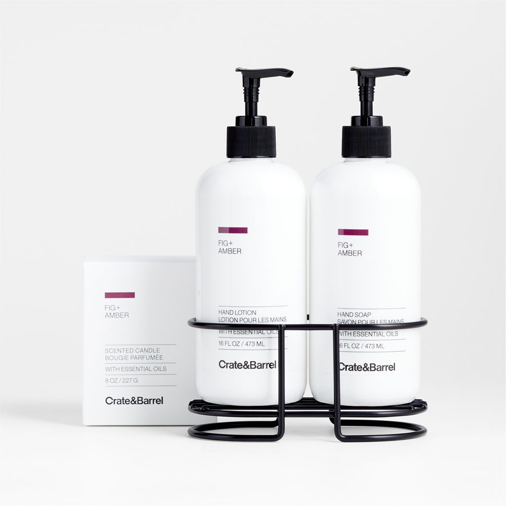 Fig + Amber Candle, Hand Soap & Lotion Gift Set with Matte Black Steel Caddy