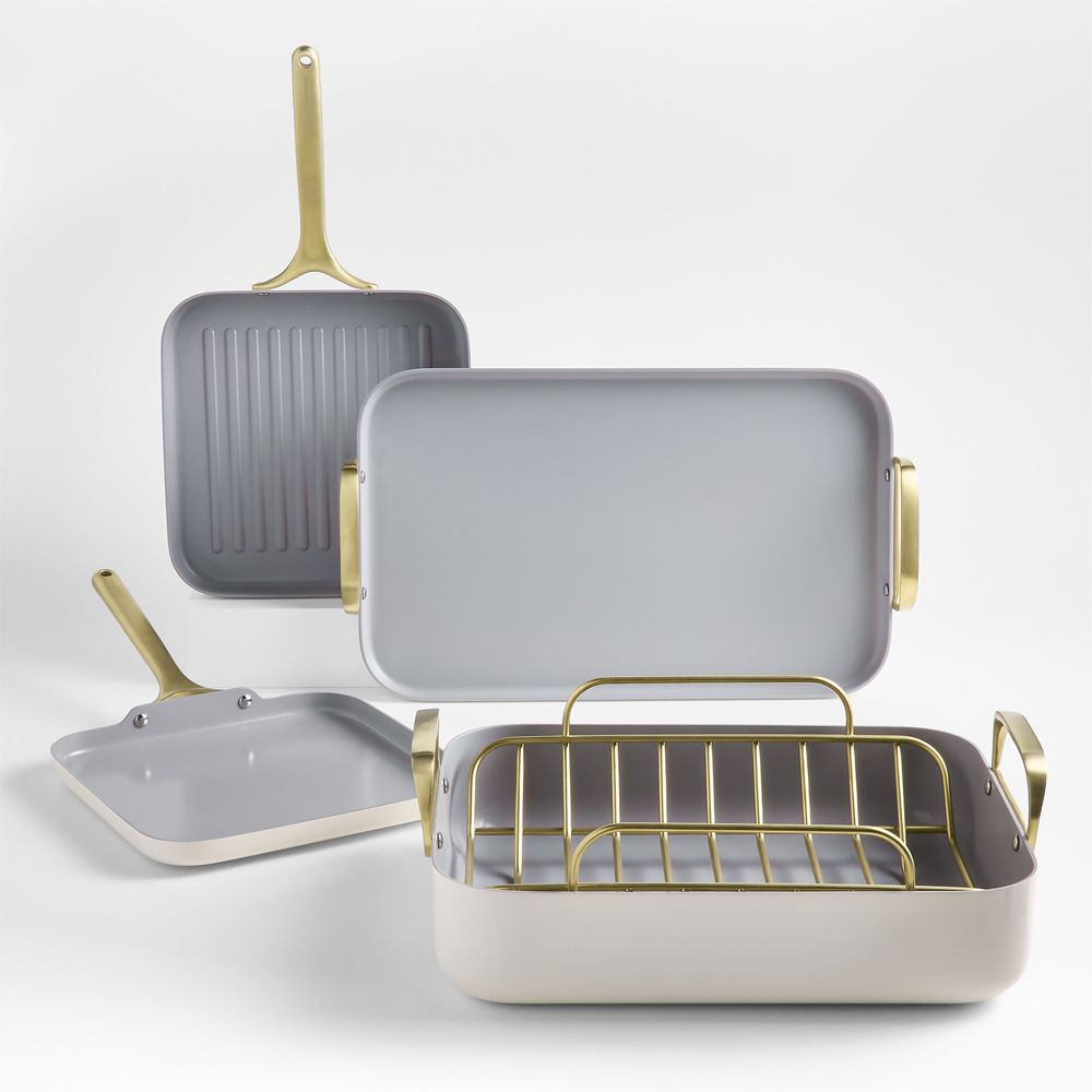 Caraway Cream Ceramic Nonstick 5-Piece Cookware Set with Gold Hardware