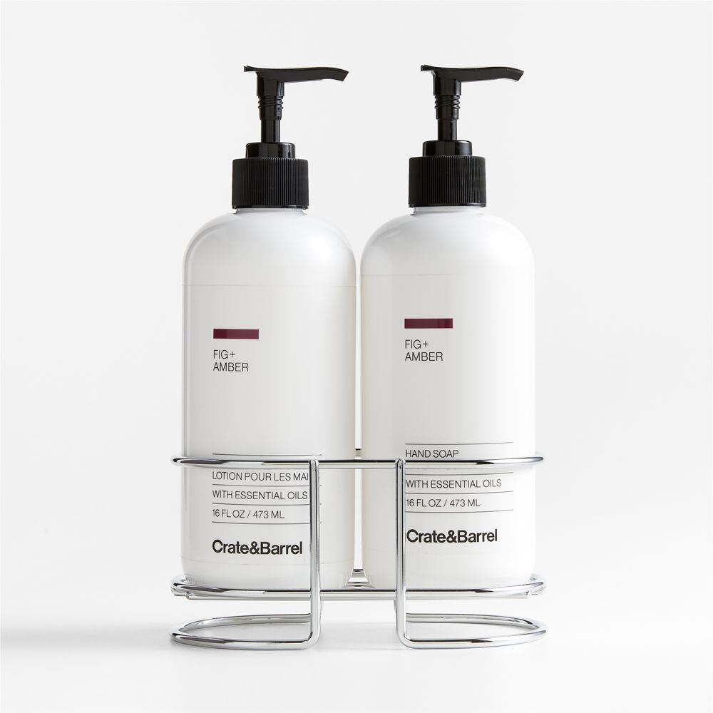 Fig + Amber Hand Soap & Lotion 3-Piece Set with Polished Stainless Steel Caddy
