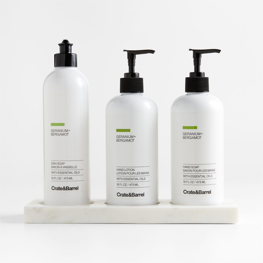 Geranium + Bergamot Dish Soap, Hand Soap & Lotion 4-Piece Set with White Kitchen Marble Caddy