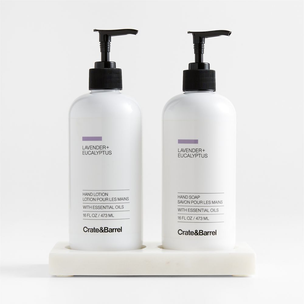 Lavender + Eucalyptus Hand Soap & Lotion 3-Piece Set with White Kitchen Marble Caddy
