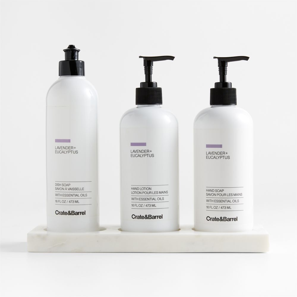 Lavender + Eucalyptus Dish Soap, Hand Soap & Lotion 4-Piece Set with White Kitchen Marble Caddy
