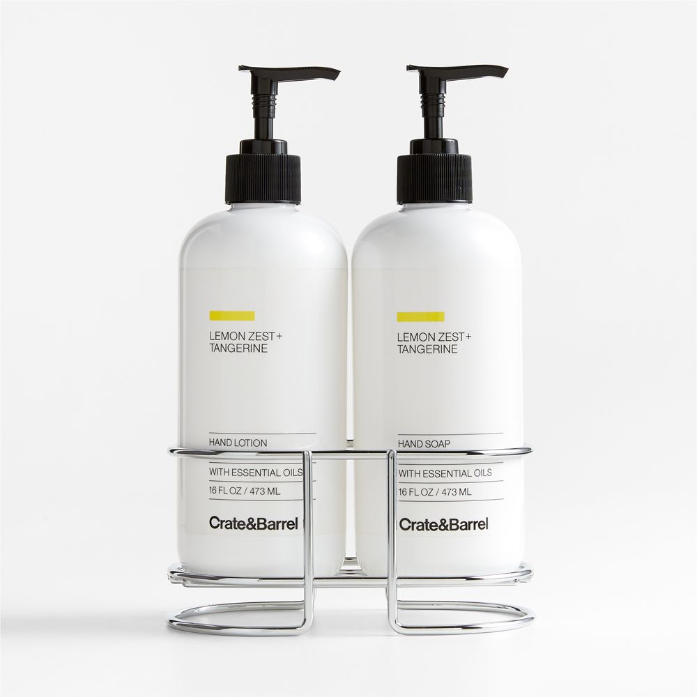 Lemon Zest + Tangerine Hand Soap & Lotion 3-Piece Set with Polished Stainless Steel Caddy