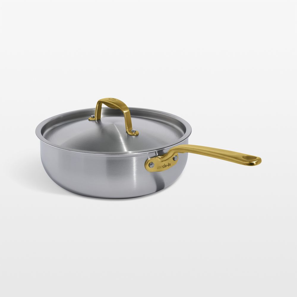 Made In CeramiClad Nonstick Sand 3-Qt. Saucier with Brass Hardware
