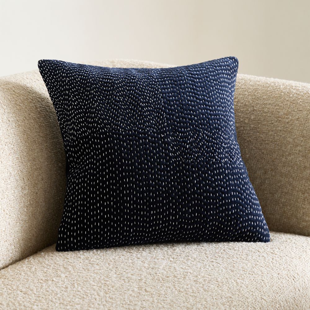 Sashiko Organic Cotton Velvet 20"x20" Deep Indigo Throw Pillow