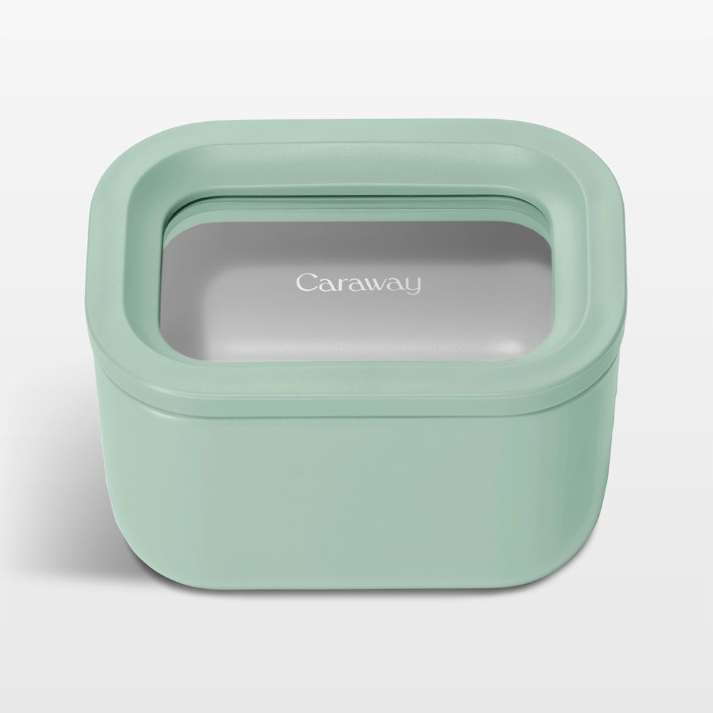 Caraway Mist Mini Rectangular Ceramic-Coated Glass Food Storage Container with Glass-Silicone Lid