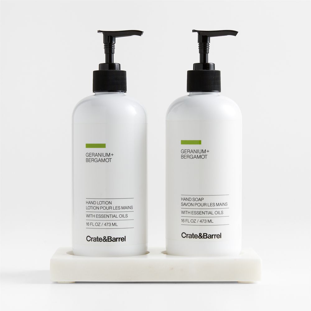 Geranium + Bergamot Hand Soap & Lotion 3-Piece Set with White Kitchen Marble Caddy