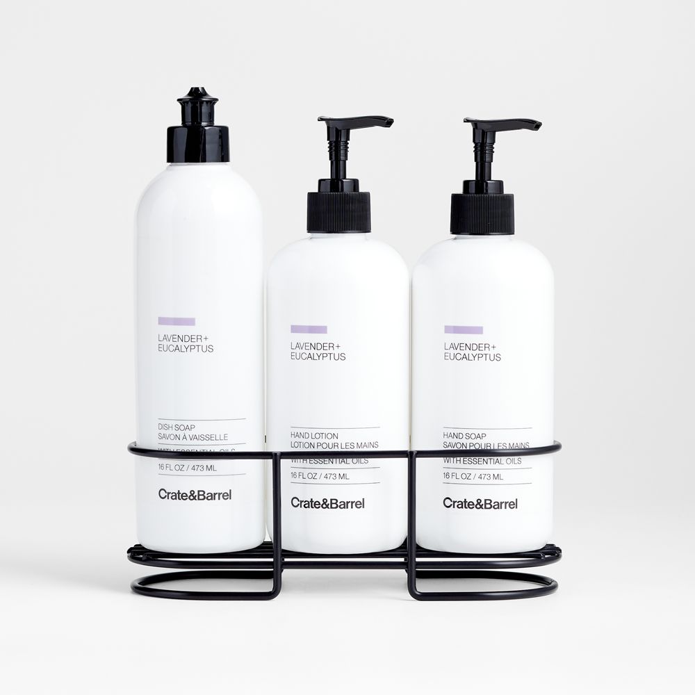 Lavender + Eucalyptus Dish Soap, Hand Soap & Lotion 4-Piece Set with Matte Black Steel Caddy