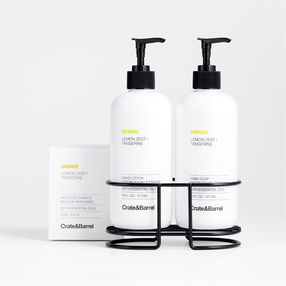 Lemon Zest + Tangerine Candle, Hand Soap & Lotion Gift Set with Matte Black Steel Caddy