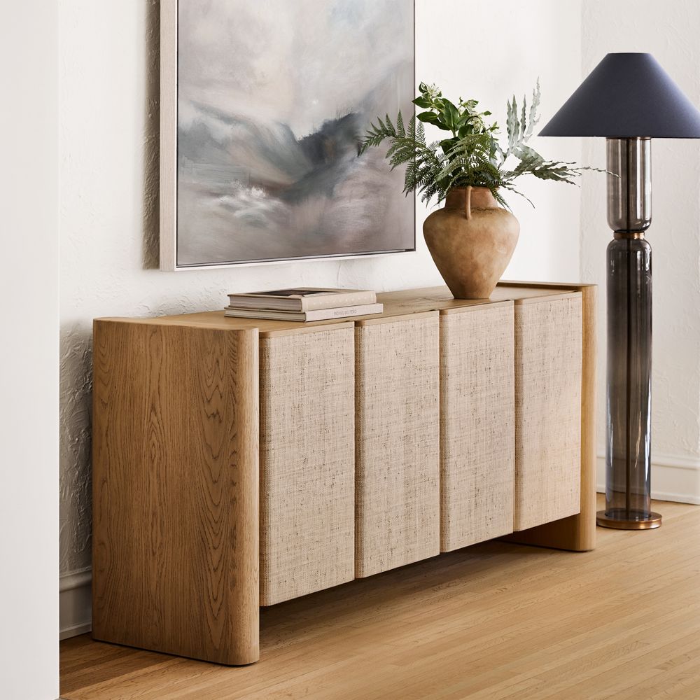 Alternative view of Sonoran 72" White Oak and Grasscloth Storage Media Console