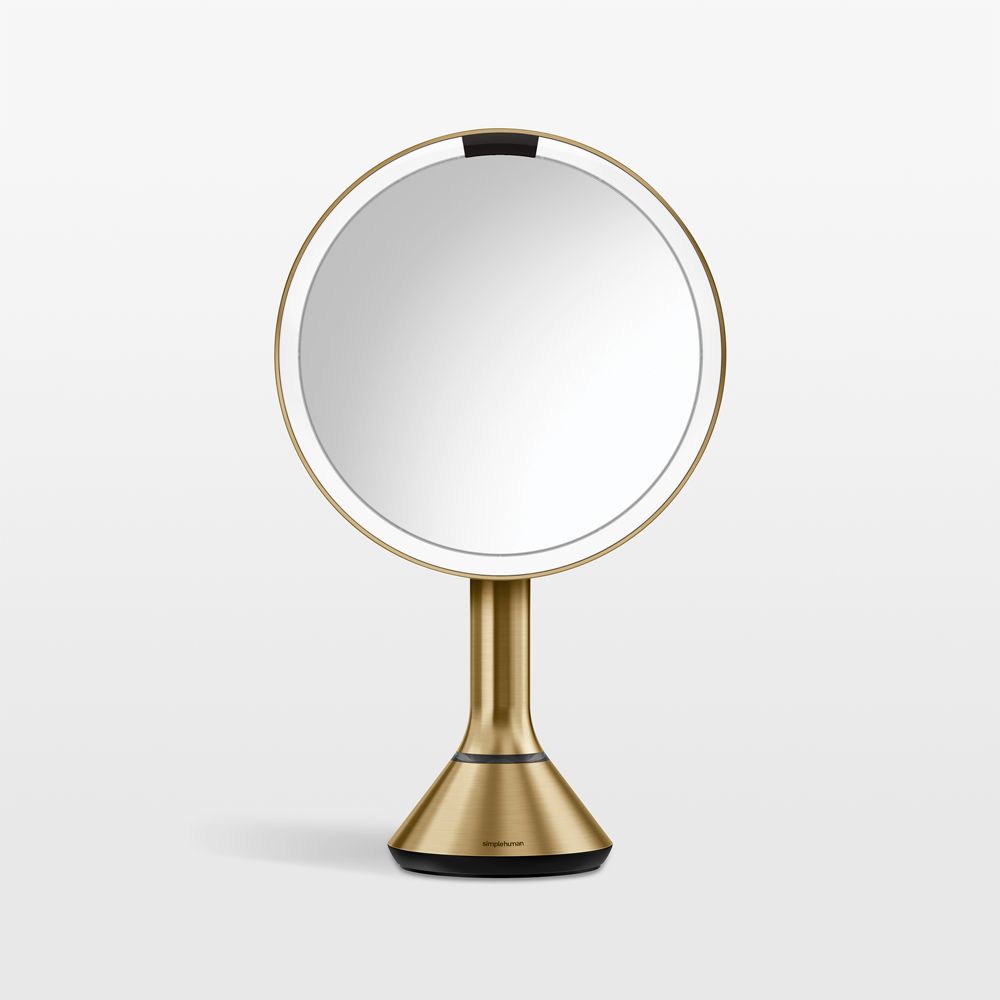 Simplehuman 8" Round Sensor Mirror, 5x Magnification & Adjustable Brightness, Brass Steel