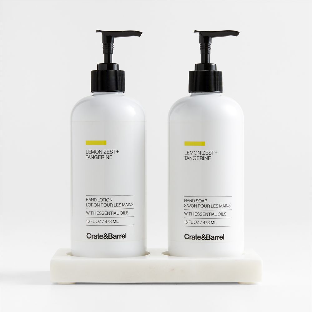 Lemon Zest + Tangerine Hand Soap & Lotion 3-Piece Set with White Kitchen Marble Caddy