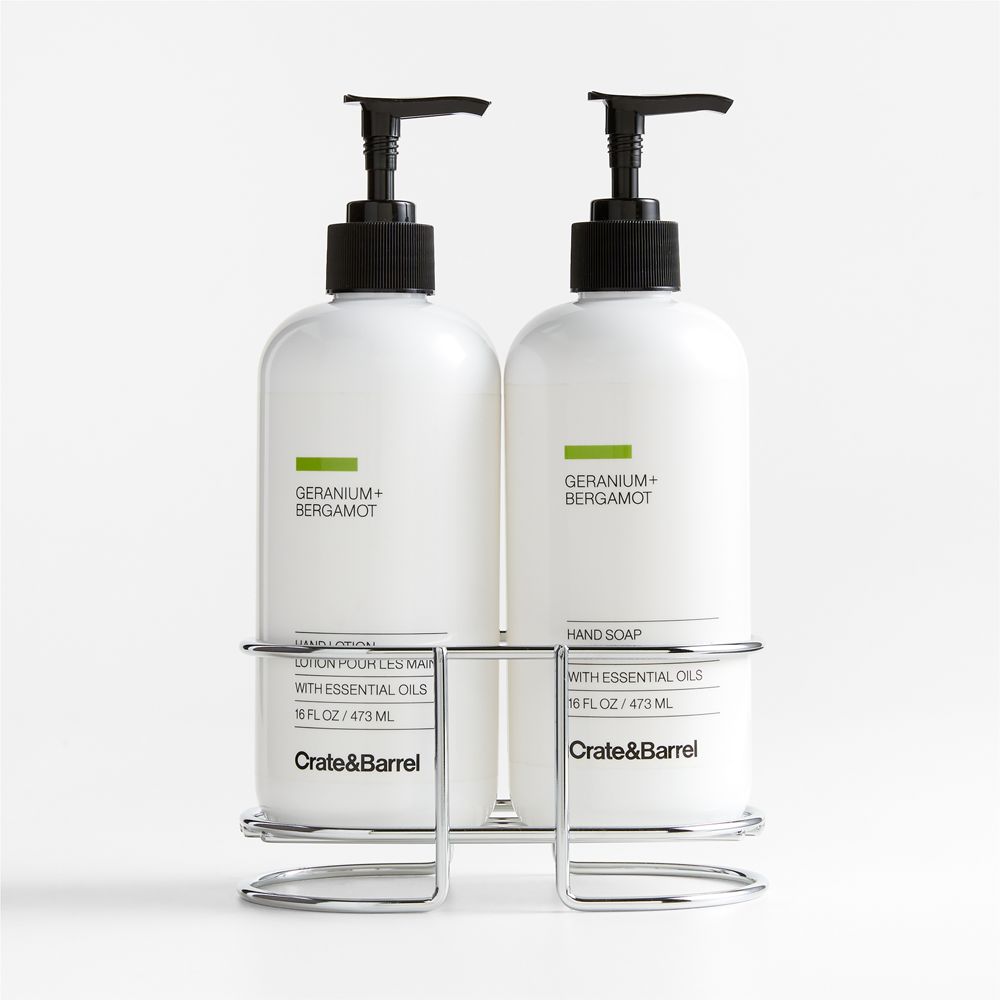 Geranium + Bergamot Hand Soap & Lotion 3-Piece Set with Polished Stainless Steel Caddy
