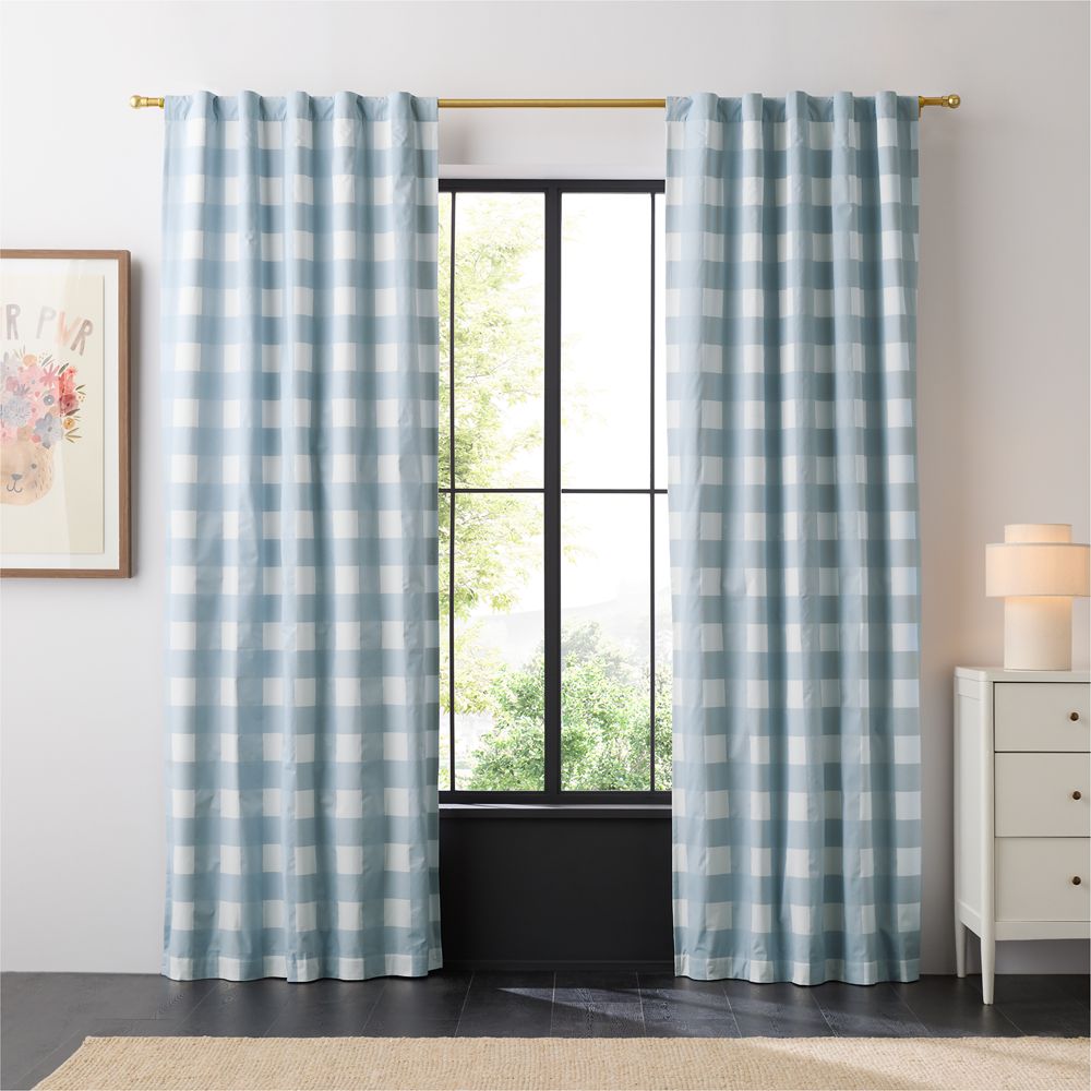 Mist Blue Buffalo Check Organic Cotton Blackout Window Curtain Panel