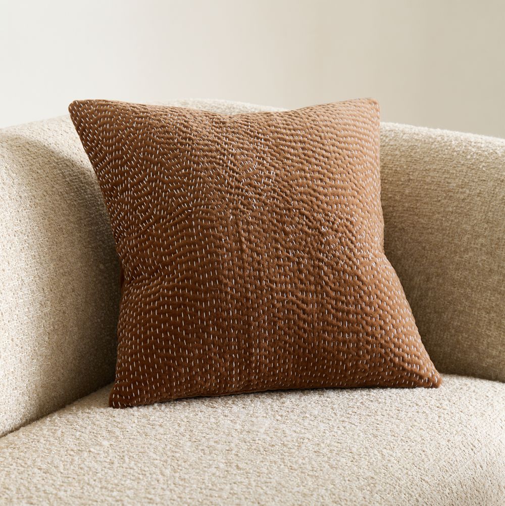 Sashiko Organic Cotton Velvet 20"x20" Camel Tan Throw Pillow