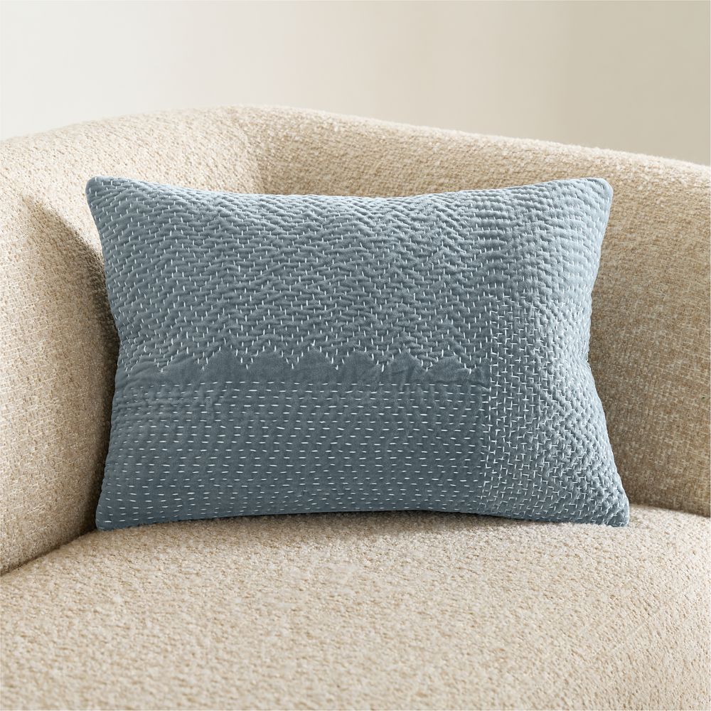 Sashiko Organic Cotton Velvet 22"x15" Blue Throw Pillow