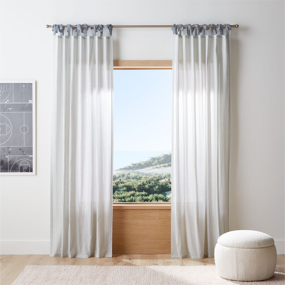 Blue Organic Cotton Windowpane Plaid Curtain Panel