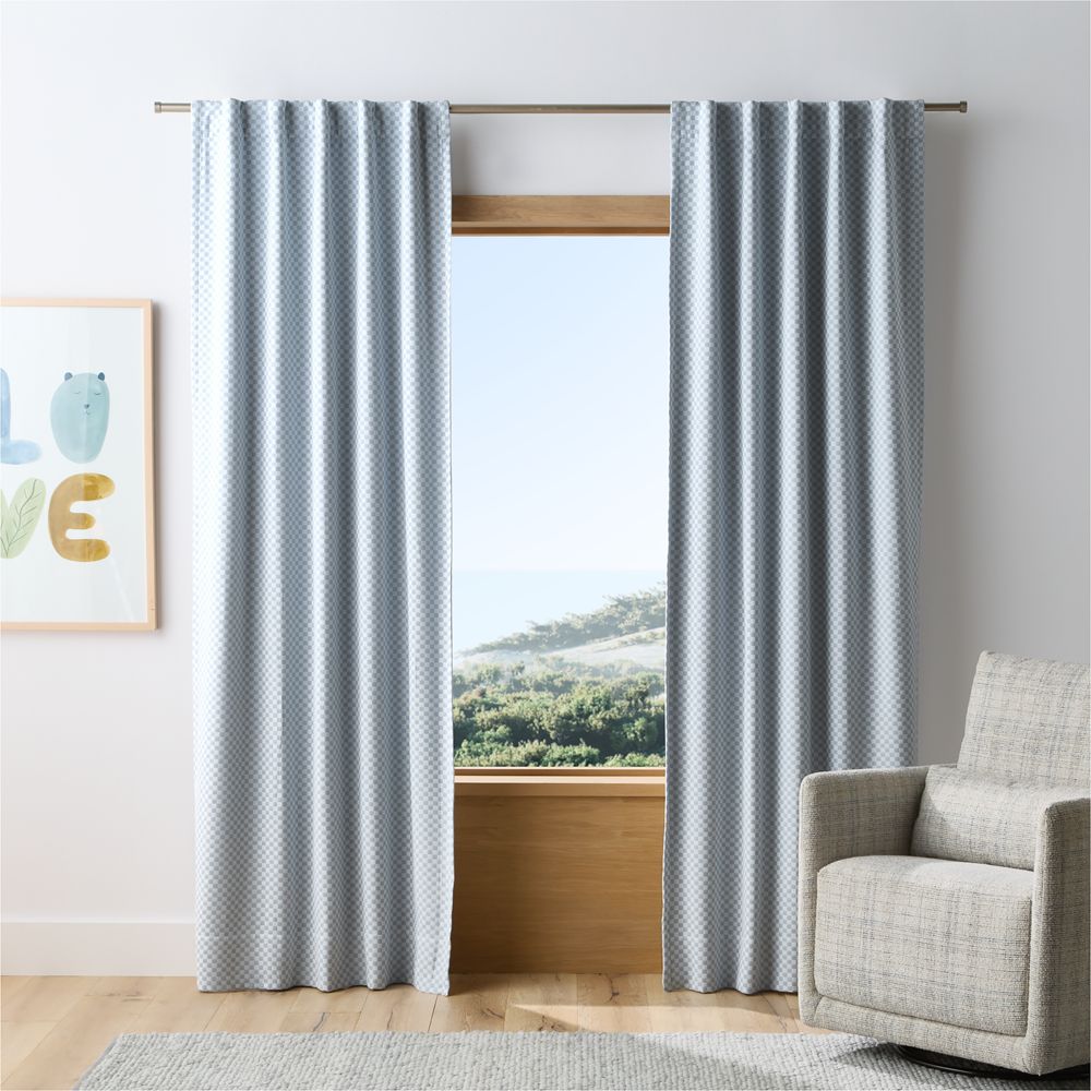 Mini Checker Sky Blue Kids Organic Cotton Blackout Curtain Panel