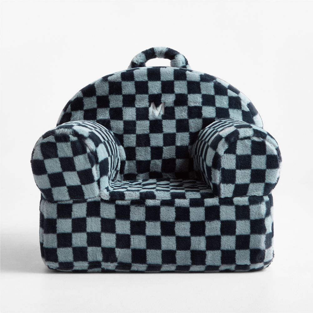 Large Navy and Light Blue Checkered Faux Fur Kids Lounge Nod Chair