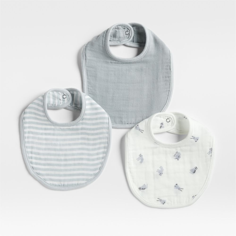 Supersoft Animal Blue Organic Cotton Gauze Baby Bibs, Set of 3
