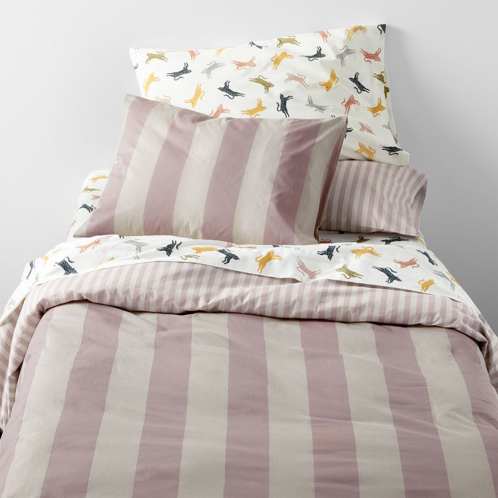 Riviera Plum Rose and Oatmeal Reversible Stripe Organic Cotton Kids Duvet Cover