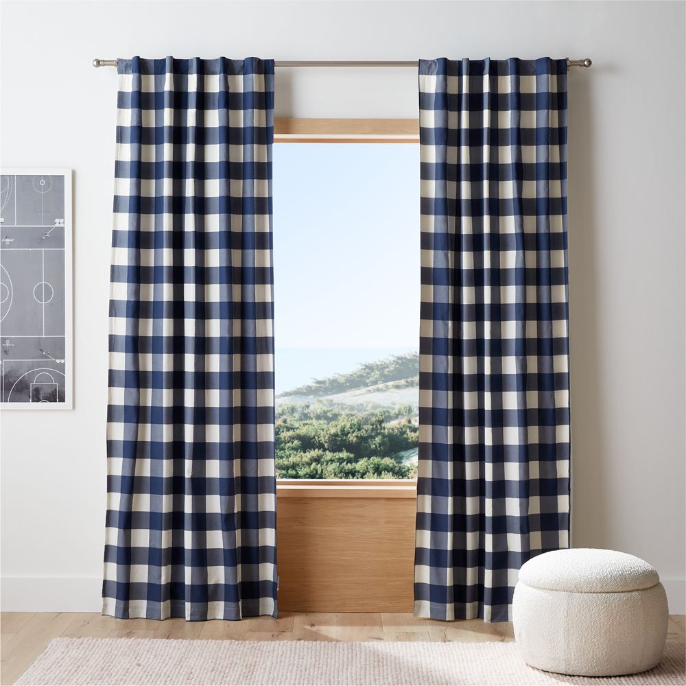 Navy Blue Buffalo Check Organic Cotton Window Curtain Panel