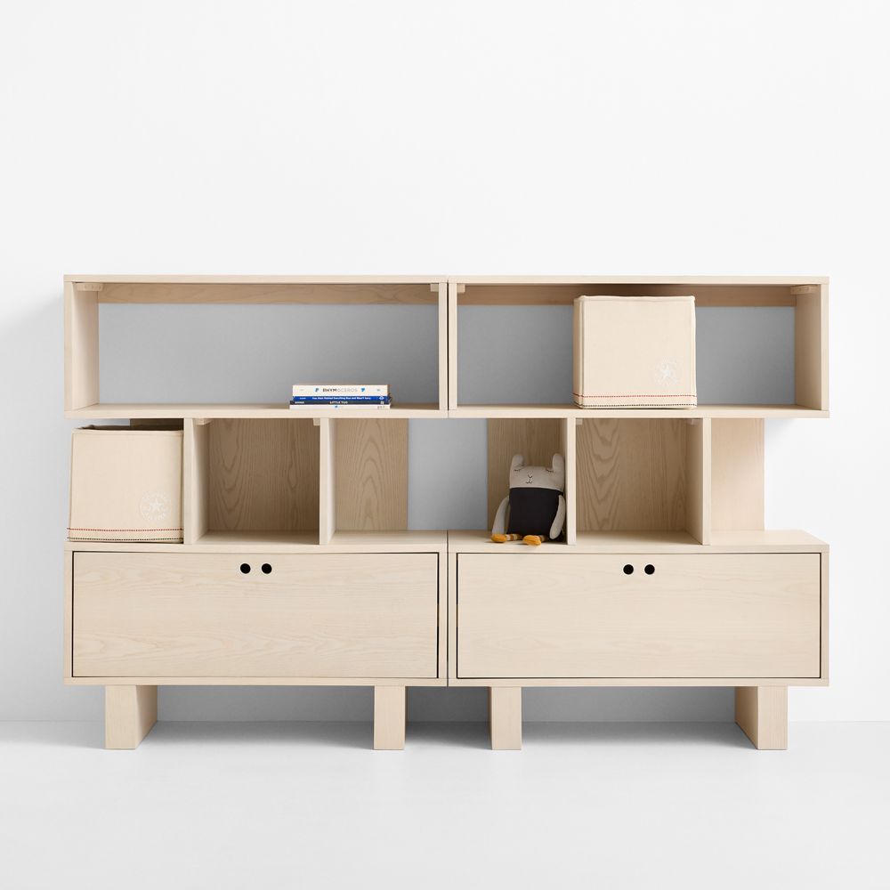 Converse Set of 2 Vent Whitewashed Ash Wood Kids Bookcase with Drawer
